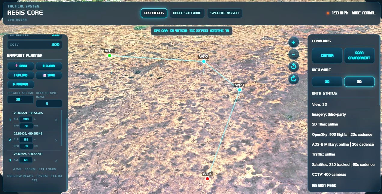 AEGIS Core product interface showing a map, waypoint planner, and mission controls.